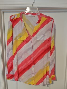 Calvin Klein Painted Diagonal Stripe Button-Up in Coral, Yellow, White